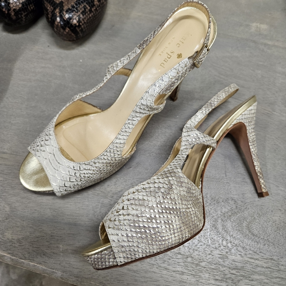 Kate Spade Textured Gold Peep-Toe Heels